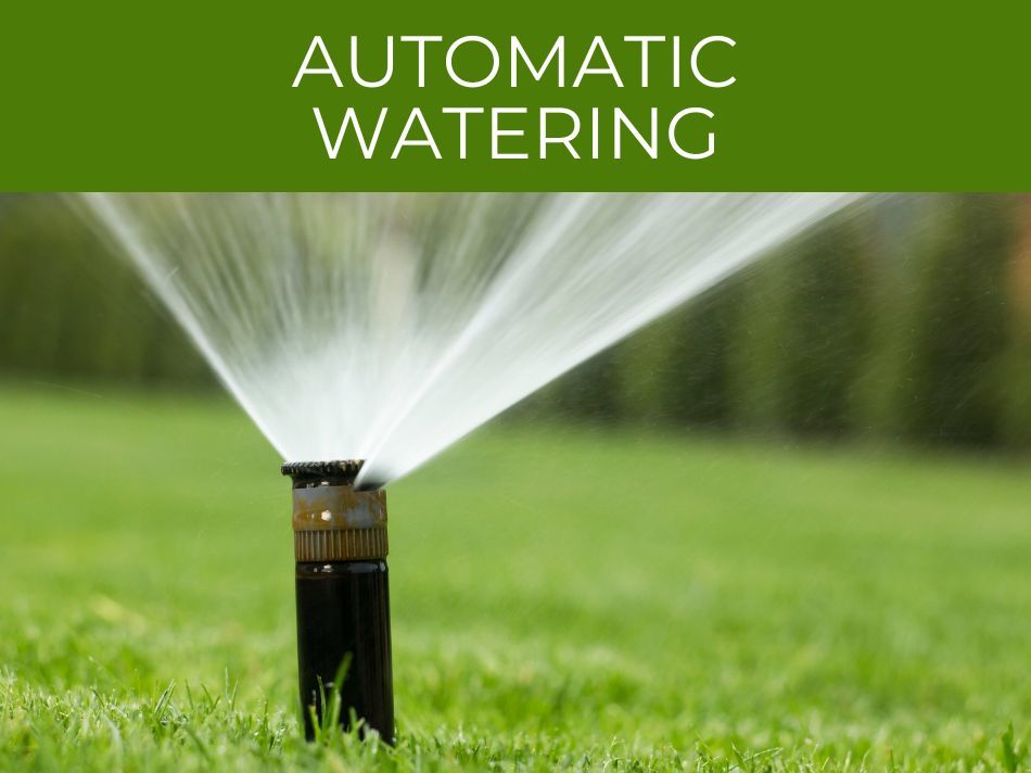 Irrigation system in operation, spraying water across a lush green lawn with the text "automatic watering" at the top.