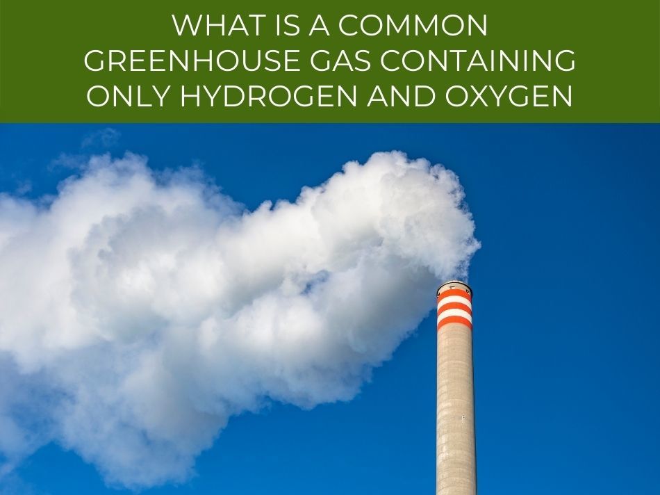 Industrial smokestack emitting water vapor against a clear blue sky with a misleading statement about hydrogen and oxygen being common greenhouse gases.