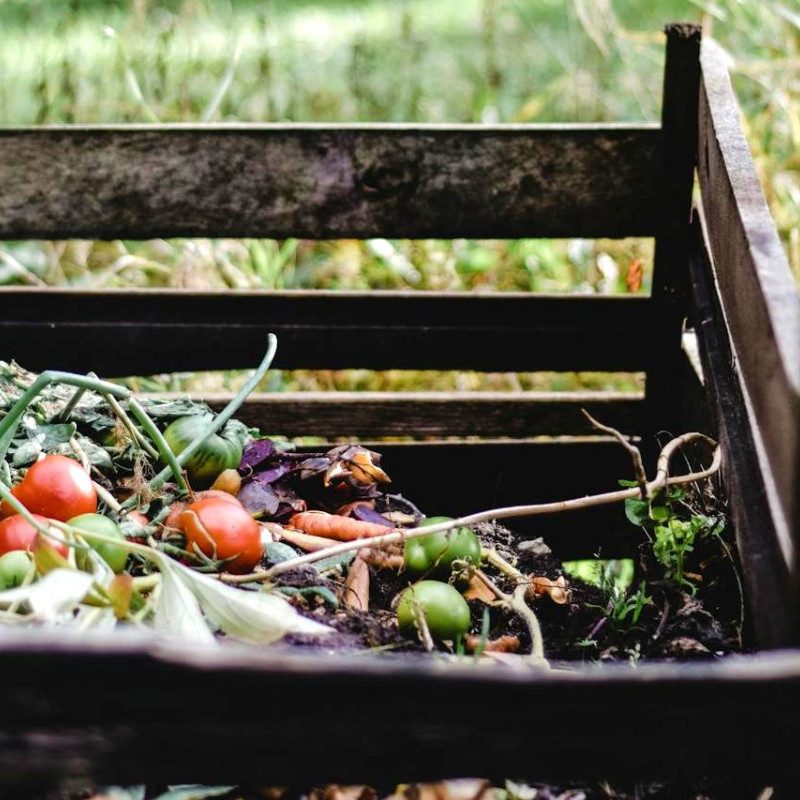 A wooden compost bin filled with various organic waste, including vegetables and leaves, rich in sources of phosphorus, in a garden setting.