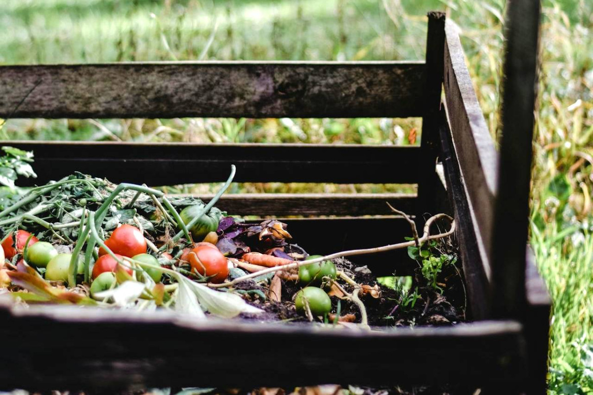 A wooden compost bin filled with various organic waste, including vegetables and leaves, rich in sources of phosphorus, in a garden setting.