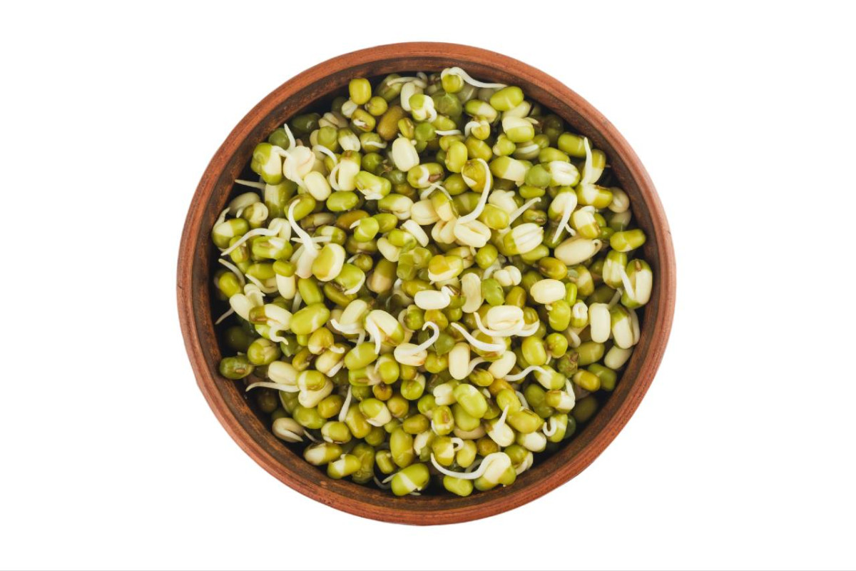 A wooden bowl filled with sprouted green mung beans, viewed from above on a white background, illustrating how to sprout mung beans.