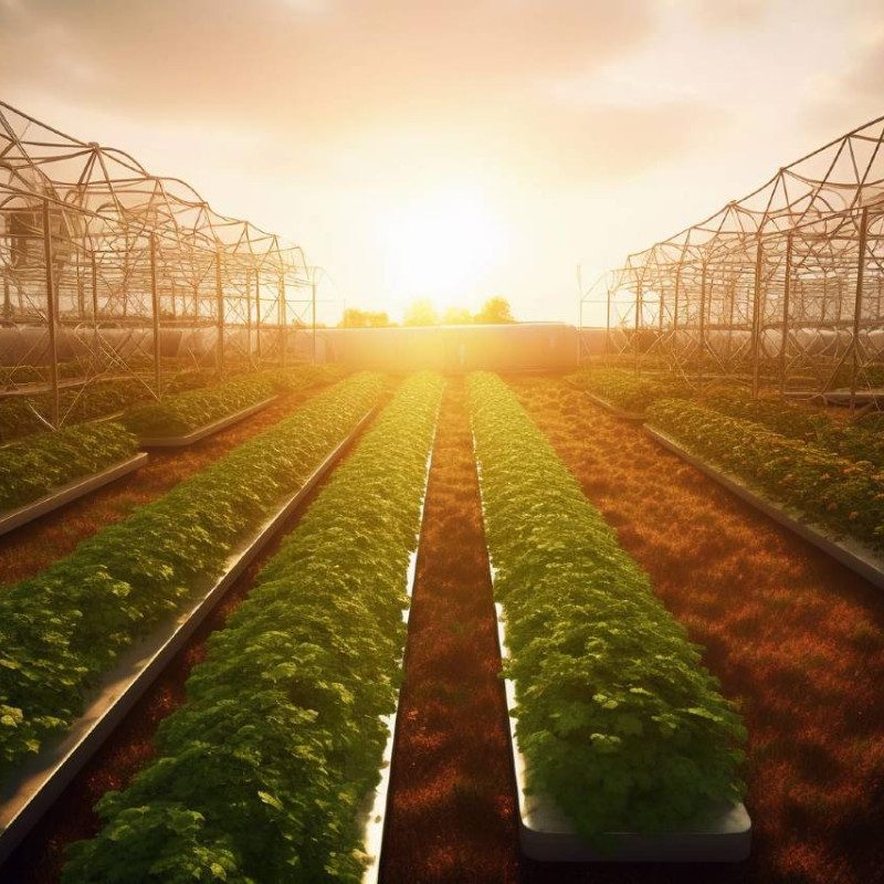 Sunset over a hydroponic farm with rows of lush green plants thriving under the best light inside translucent greenhouses.