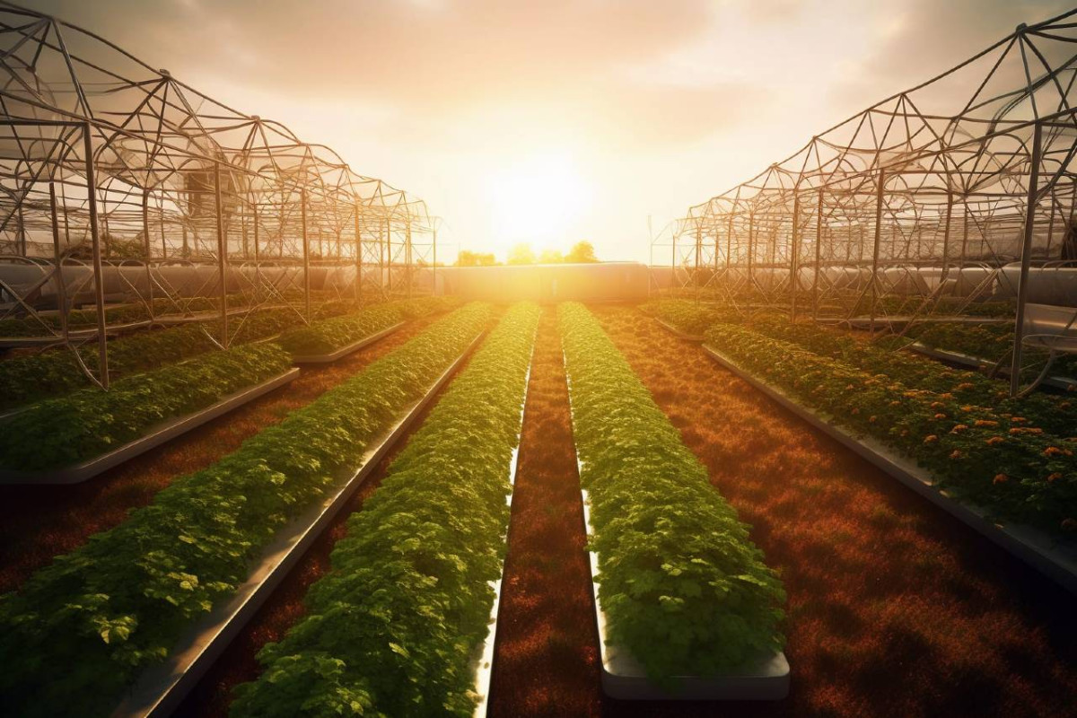 Sunset over a hydroponic farm with rows of lush green plants thriving under the best light inside translucent greenhouses.