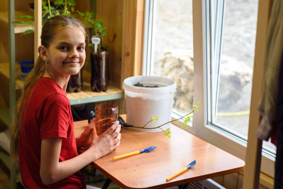 Young girl in a red shirt sitting at a table, transplanting seedlings into pots with gardening tools, smiling at the camera by a window.