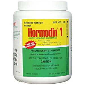 Container of hormodin 1 rooting hormone powder, highlighting yellow and red label with product details and safety warnings.