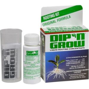 Rooting hormone kit, "dip 'n grow," featuring a bottle of liquid concentrate and a measuring vial, alongside its packaging.