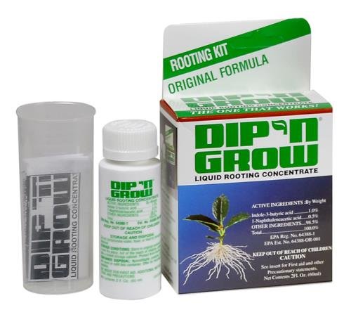 Rooting hormone kit, "dip 'n grow," featuring a bottle of liquid concentrate and a measuring vial, alongside its packaging.