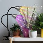 Three clip-on lamps projecting colorful, sparkling light beams onto potted houseplants on a white shelf.