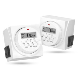 Two digital programmable timers with lcd displays, isolated on a white background.