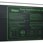 A black rectangular seed starter heat mat with green text and diagrams explaining its usage and safety information.