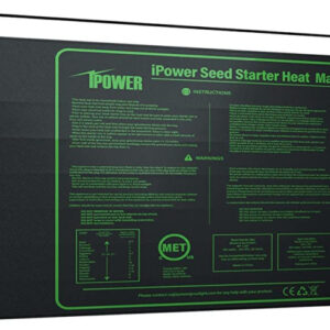 A black rectangular seed starter heat mat with green text and diagrams explaining its usage and safety information.
