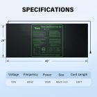 Diagram showing specifications of a seed starter heat mat, including voltage, frequency, power, size, and cord length, with dimensions labeled.