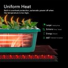 Advertisement showing a green heating pad with infrared light, emphasizing uniform heat distribution and safety features like automatic power-off and energy efficiency.
