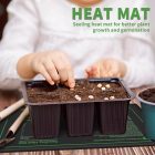 Child planting seeds in a tray on a heat mat, with gardening tools nearby, promoting plant growth and germination.