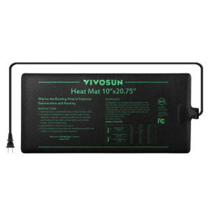 A black vivosun heat mat for plants, featuring text with usage instructions and safety warnings, sized 10"x20.75".