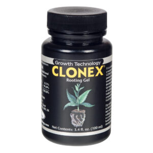 A bottle of clonex rooting gel by growth technology, with a label showing a plant illustration and product details.