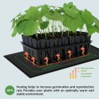 Illustration of a seedling tray on a heating mat, highlighting its feature of maintaining the root area 10-20°f above ambient temperature, promoting plant growth.