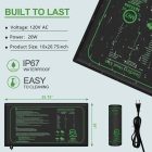 Graphic depicting features of a seedling heat mat with dimensions, power specifications, waterproof rating, and included illustrations of the product.