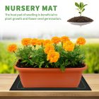 A nursery heat mat with marigolds in a terracotta pot, and an illustrative image of a seedling sprouting, promoting plant growth and seed germination.