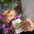 A person applies rooting hormone to a plant cutting above a container of garden safe takeroot powder, surrounded by flowers.