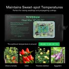 Digital seedling heat mat with temperature control displayed, surrounded by images of plants it supports: cherry tomatoes, chilies, flowers, and eggplants.
