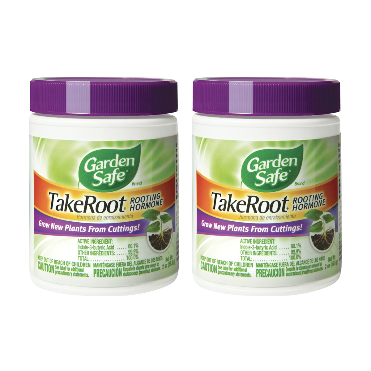 Two containers of garden safe takeroot rooting hormone with purple lids, labeled for growing new plants from cuttings.