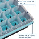 Close-up of a blue superseed™ tray highlighting its raised perimeter edge and rubber-coated handles with descriptive labels.