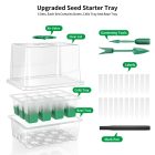 Illustration of an upgraded seed starter tray kit, including labeled components: clear lid, air valve, cell trays, base tray, gardening tools, labels, and a mark pen.