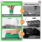 Comparison advertisement showing the benefits of an upgraded seedling tray versus a standard tray, highlighting differences in durability, dome height, and material thickness.