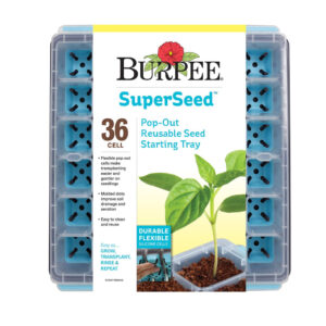 A burpee seed starting tray with 36 pop-out cells, showcasing two young seedlings, featured on a clear plastic casing with product details.