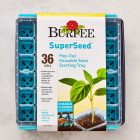 A burpee superseed pop-out reusable seed starting tray with 36 cells, featuring product information and an image of a sprouting plant.