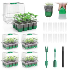 A collage of gardening supplies including seedling trays with green shoots, a watering spray bottle, plant markers, and gardening tools.