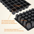 Illustration of a black plastic seedling tray highlighting its features: 1.4" square cells, 1.85" depth, and drain holes to prevent overwatering.